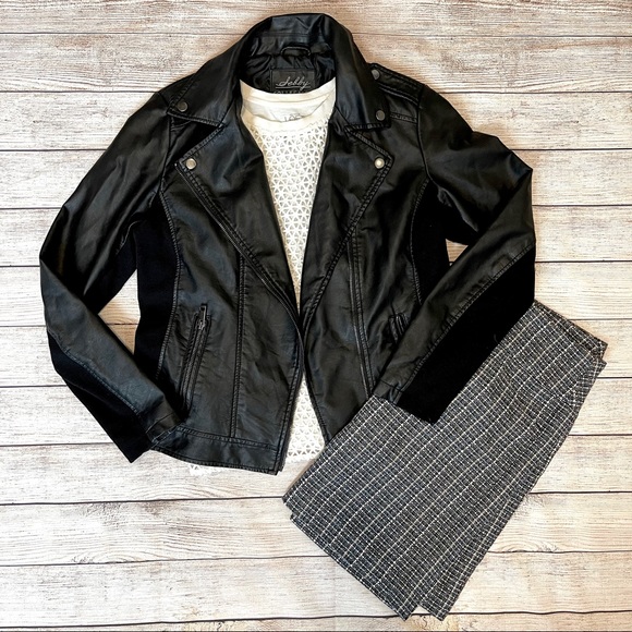 Selby Jackets & Blazers - Black Faux Leather & Knit Moto Jacket sz M